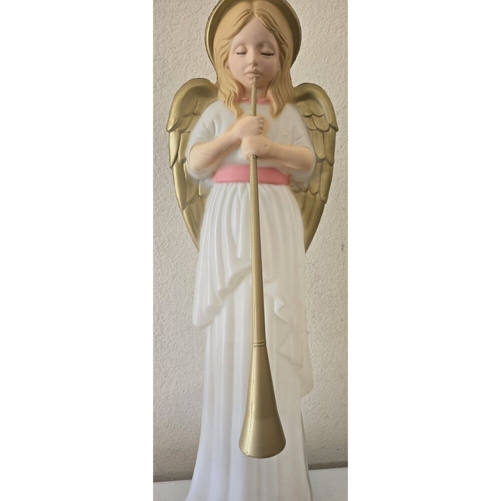 Vintage 34" Angel Blow Mold Gold Horn Christmas  White Pink Belt W/cord Tested